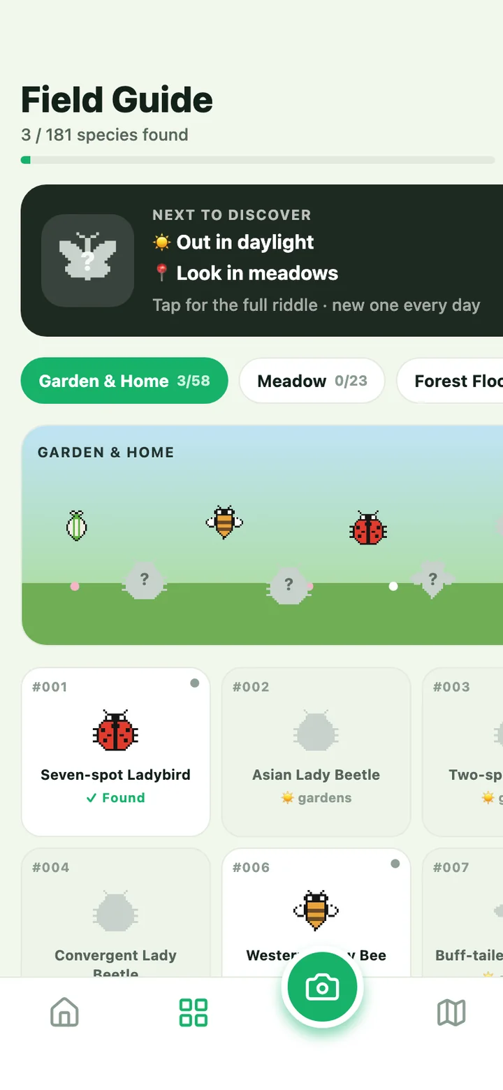 App screen: Field Guide with the Garden & Home set and today’s riddle